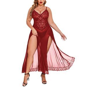 2643 Plus Size Lingerie Red Long Sheer Nightgown Sexy Lingerie Dress